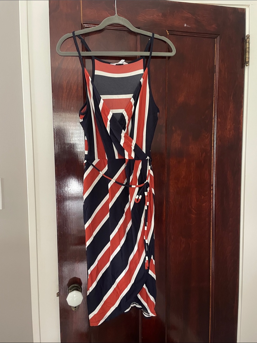 Market & Spruce Navy, Rust and White Striped Midi Wrap Dress